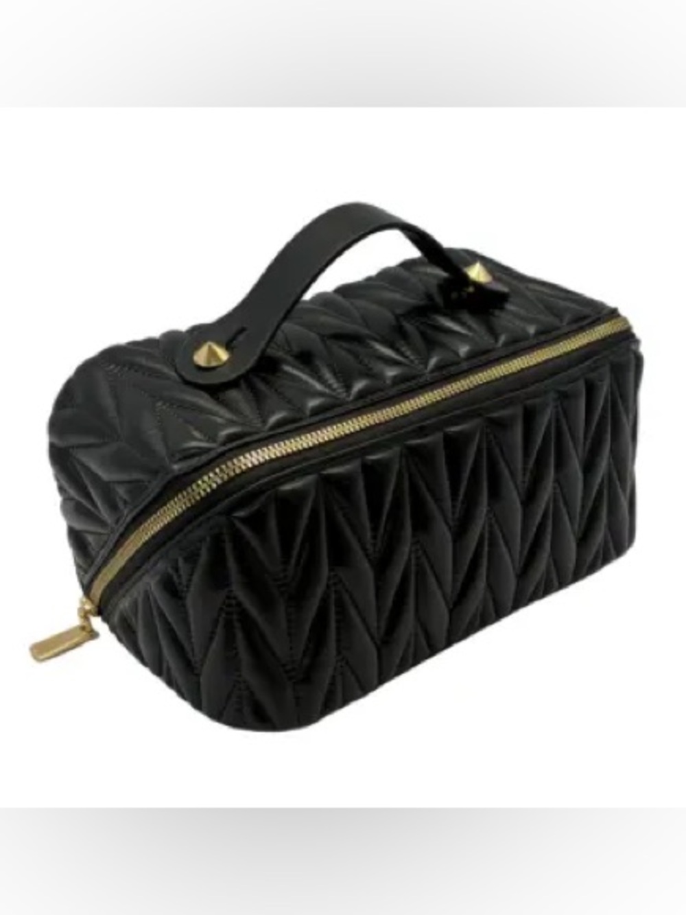 Large Black Quilted Top-Handle Makeup Case with Gold Zip-NWOT